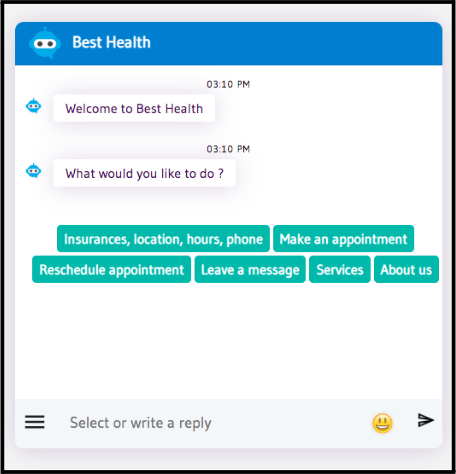 Screenshot of a chatbot interface from Best Health asking the user what they would like to do, with quick reply options like "Make an appointment" and "Services."