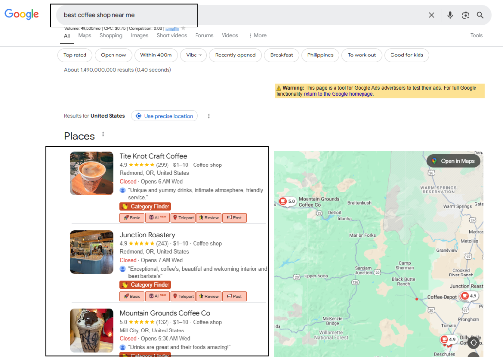 Image showing Google search results for “best coffee shop near me” with top-rated local listings and a location map.