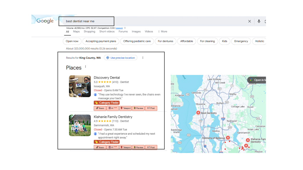 Image showing Google search results for “best dentist near me” with local business listings and a map.