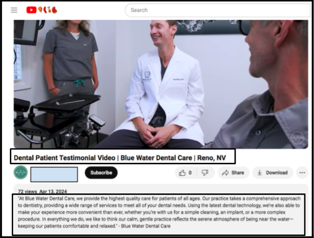 Screenshot of a YouTube video titled “Dental Patient Testimonial Video | Blue Water Dental Care | Reno, NV” featuring dentists talking and a description highlighting the clinic’s comprehensive dental services.