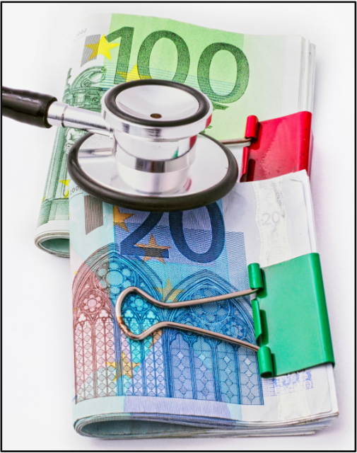 Image of a stethoscope placed on top of rolled euro banknotes secured with binder clips, symbolizing financial health or medical costs.