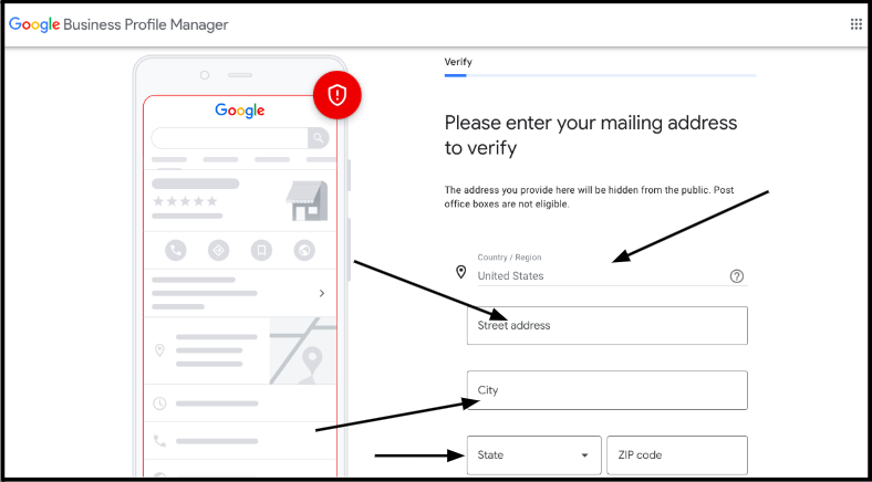 Screenshot of the Google Business Profile Manager asking users to enter their mailing address to verify their business.