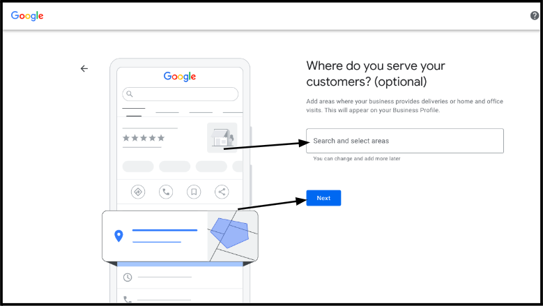 Screenshot of the Google Business Profile setup page asking where the business serves customers, with a field to search and select areas.