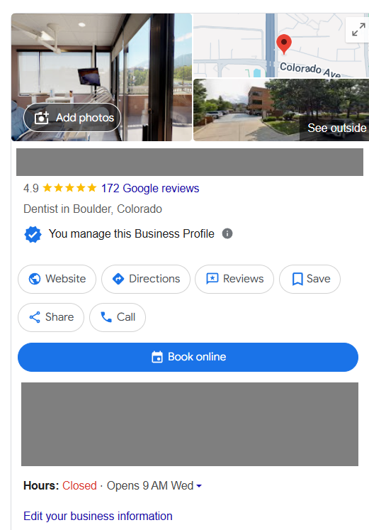 Screenshot of a Google Business Profile for a dental office in Boulder, Colorado, showing reviews, contact options, hours, and location.