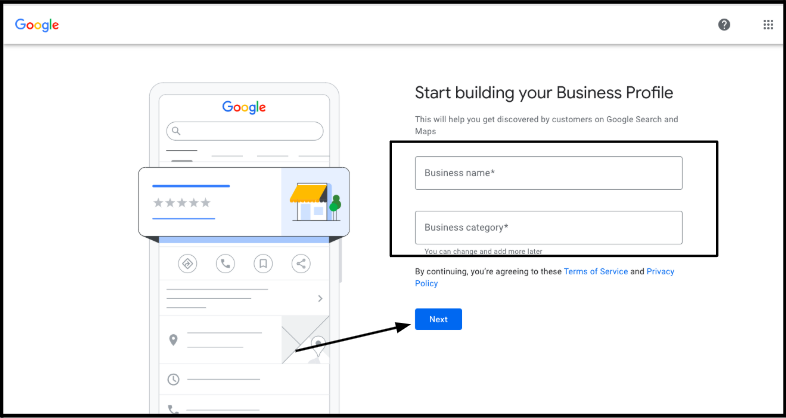 Screenshot of the Google Business Profile setup page prompting users to enter their business name and category.