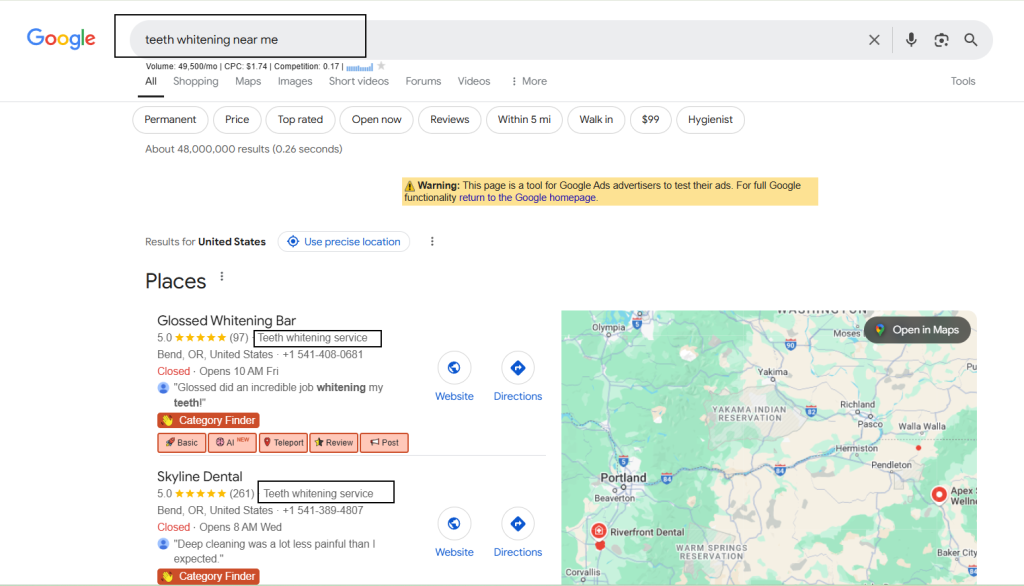 Image showing Google search results for “teeth whitening near me” with local business listings and a map view.
