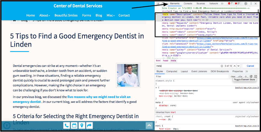 Screenshot of a blog page titled “5 Tips to Find a Good Emergency Dentist in Linden” with the website’s HTML metadata displayed in the browser’s developer tools.