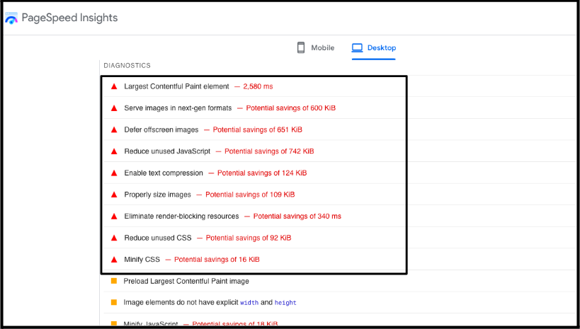 Screenshot of Google PageSpeed Insights showing desktop diagnostics with performance issues like large contentful paint and unused JavaScript and CSS.