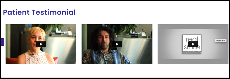 Screenshot of a “Patient Testimonial” webpage featuring three video thumbnails with patients sharing their dental experiences.