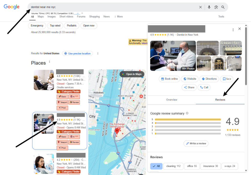 Image showing Google search results for “dentist near me NYC” with a highlighted dental listing and its reviews section.