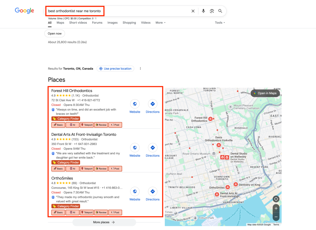 Image showing Google search results for “best orthodontist near me toronto” with local business listings and a map.