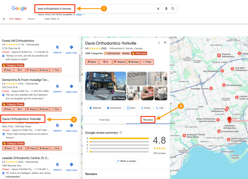 Screenshot showing top-rated orthodontists in Toronto with a detailed view of Leaside Orthodontic Centre's reviews and ratings.
