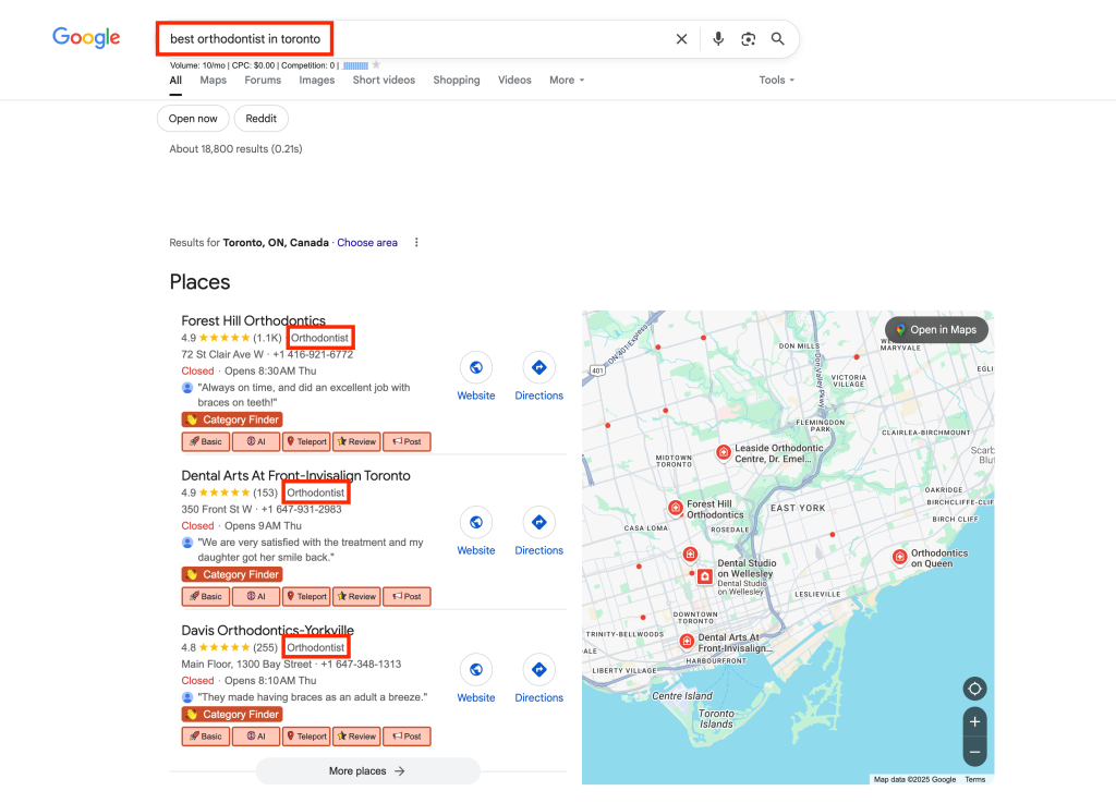 Search results showing top orthodontist in Toronto with highlighted listings and map locations.
