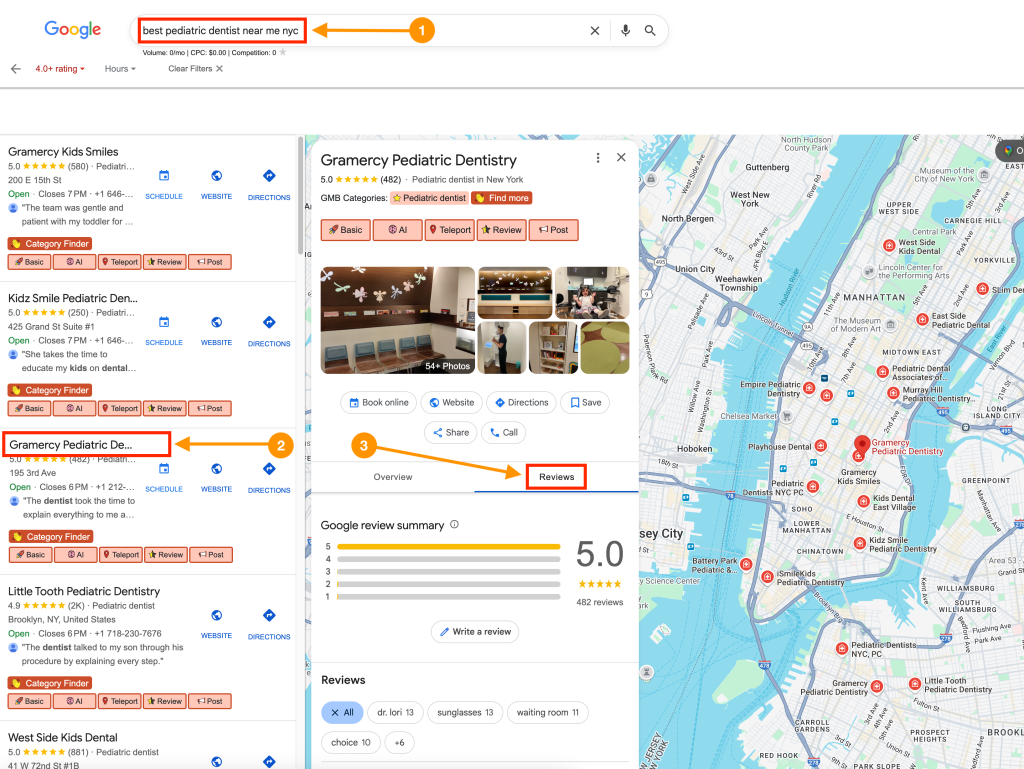 Google search results showing pediatric dentists near NYC, with a detailed view of Gramercy Pediatric Dentistry’s reviews and photos.
