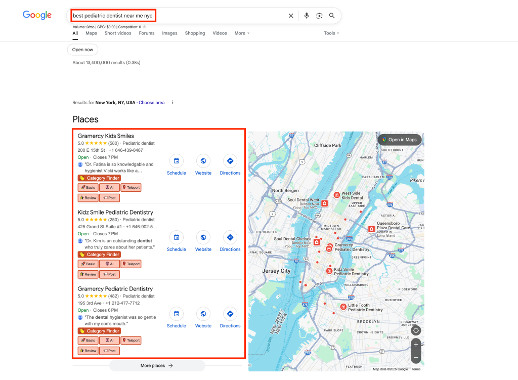 Google search results showing top-rated pediatric dental clinics near New York City with a map and business listings highlighted.