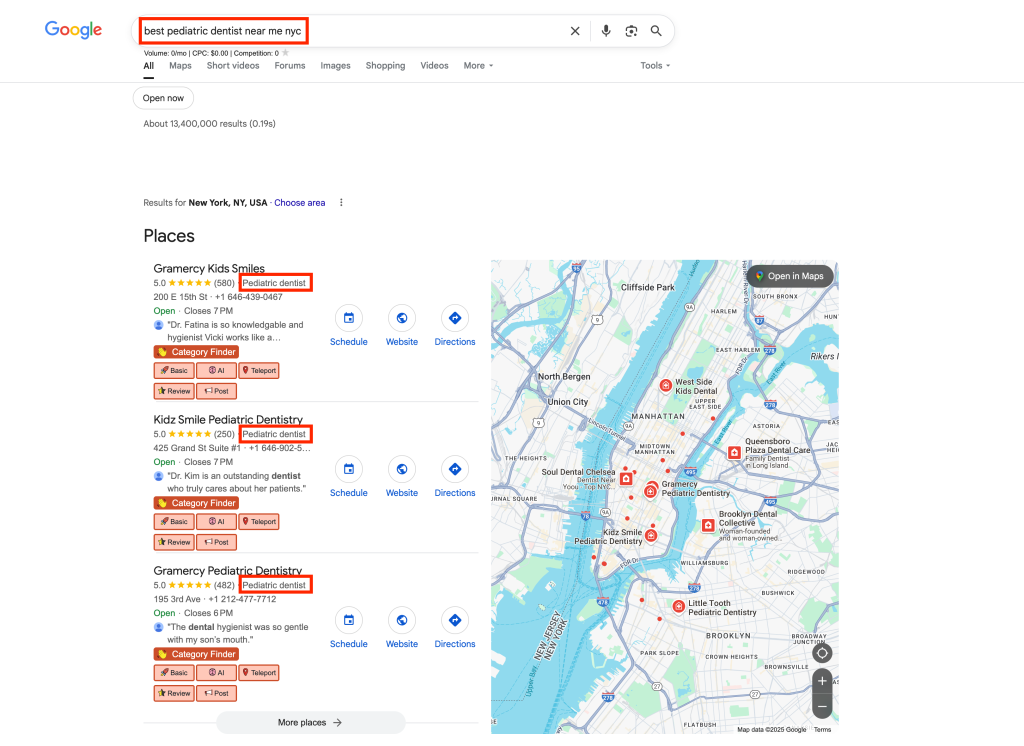 Search results showing top pediatric dentists near New York City with highlighted listings and map locations.