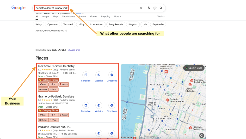 Google search results page showing pediatric dentist listings in New York with a map and highlighted business.