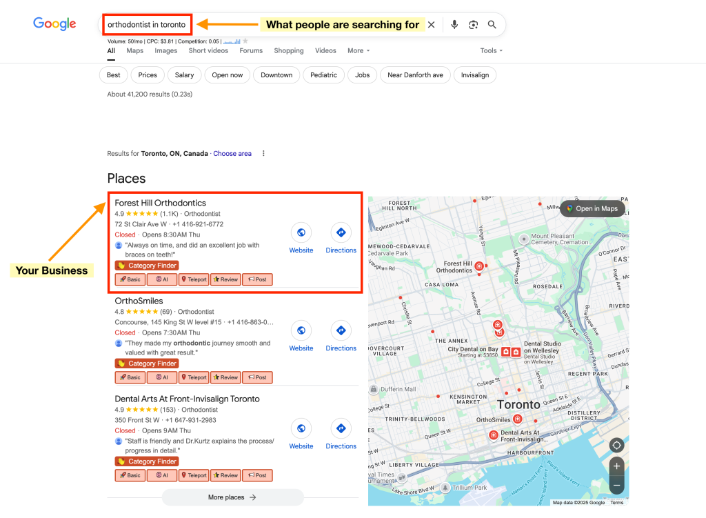 Screenshot showing Google search results and map listings for orthodontists in Toronto, highlighting top businesses and keyword insight.
