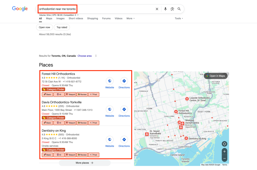 Image showing Google search results for “orthodontist near me toronto” with local business listings and a map.