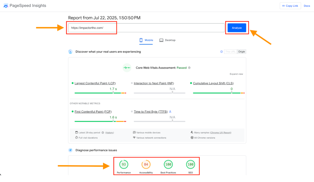 Screenshot of a PageSpeed Insights report showing high performance, SEO, and best practices scores.