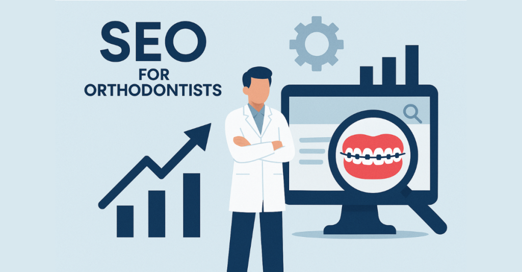An illustration of a male orthodontist with SEO growth icons and a screen showing a magnified image of teeth with braces, representing SEO for orthodontists.