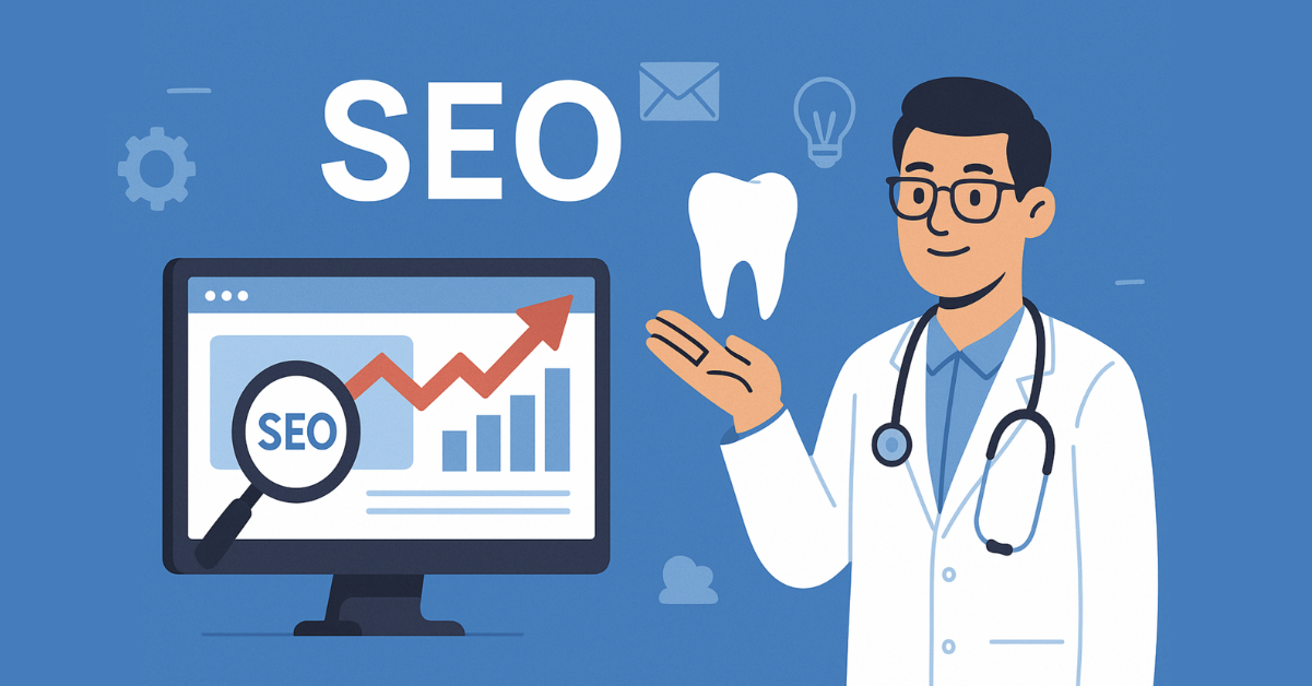 Illustration of a dentist holding a tooth next to a computer screen with SEO graphics and an upward growth chart.